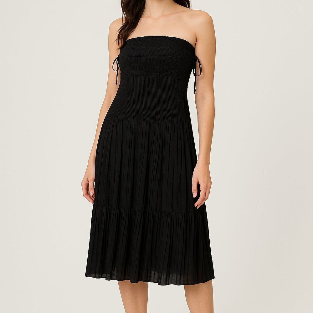 Rachel Zoe Black Strapless Pleated Satin Midi Dress Size M